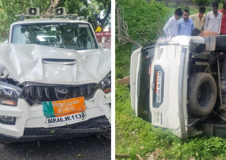 खंडवा BJP विधायक देवेंद्र वर्मा की गाड़ी पलटी, बड़ा हादसा होने से टला