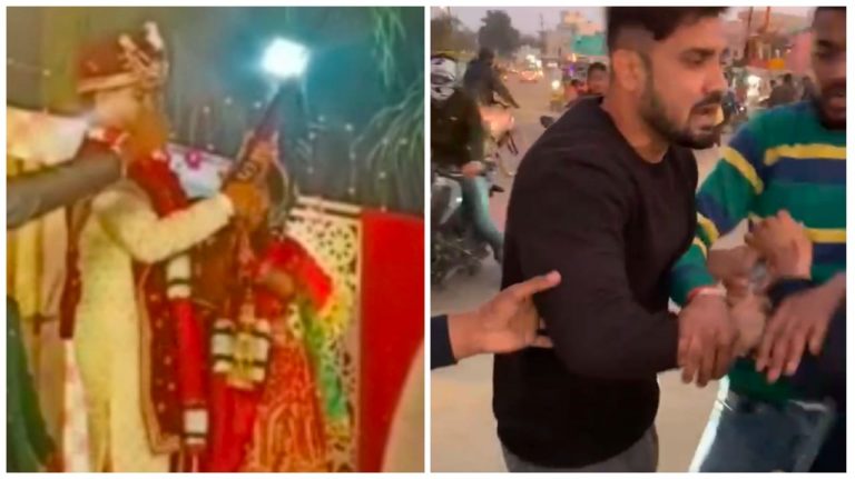 हथियार का टशन; दूल्हा रायफल से कर रहा फायरिंग, सरेराह सड़क पर छीना झपटी कर रहे युवा