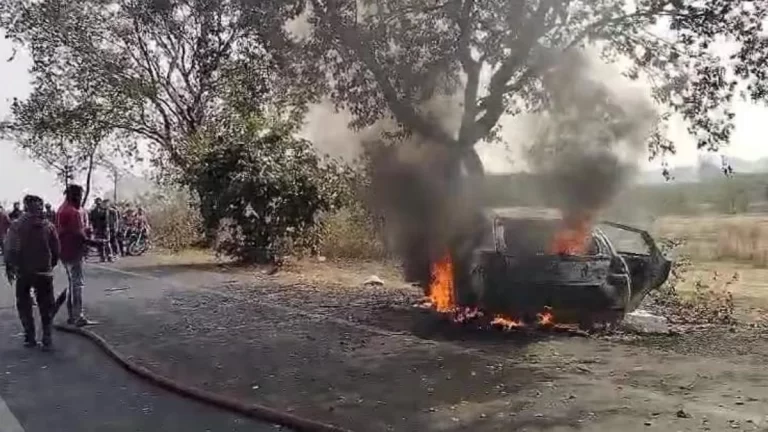 कुत्ते को बचाने में कार पेड़ से टकराई, आग लगने पर 5 लोग बचकर भागे